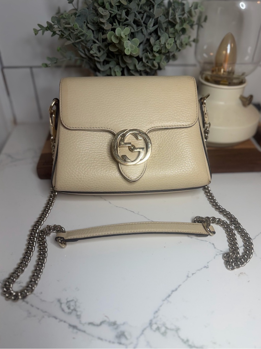 Gucci ivory Pebbled Leather Interlocking G Chain Crossbody